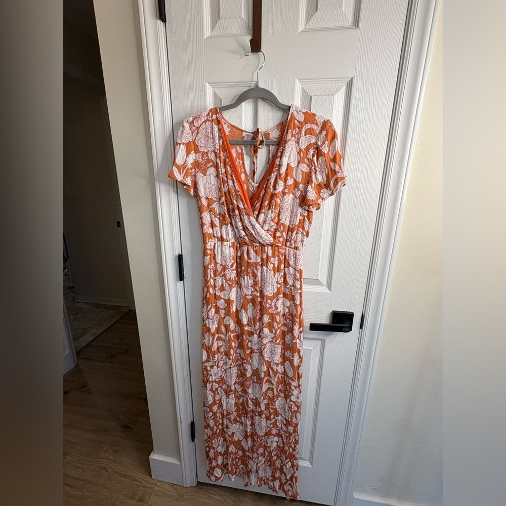 Orange and White Maxi Wrap Sundress with Flutter Sleeves